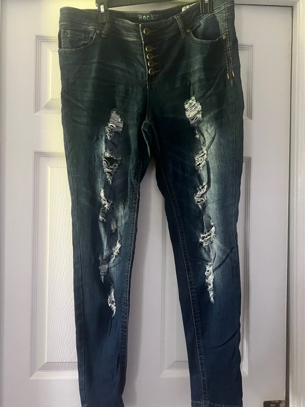 Rocks Women’s Ripped Skinny Jeans - Dark Blue